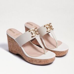 Sam Edelman Yardlie Ivory Leather Wedge Strap Slip On Open Toe Heeled Sandals